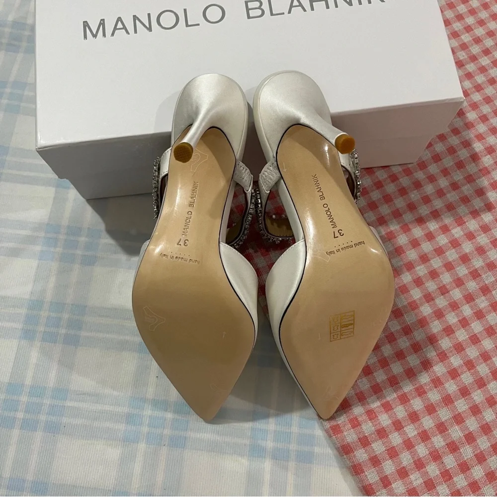 Manolo Blahnik White Satin Pointed Mules with Crystal Strap